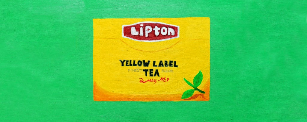 Painting on canvas of Lipton Ice Tea box with green background