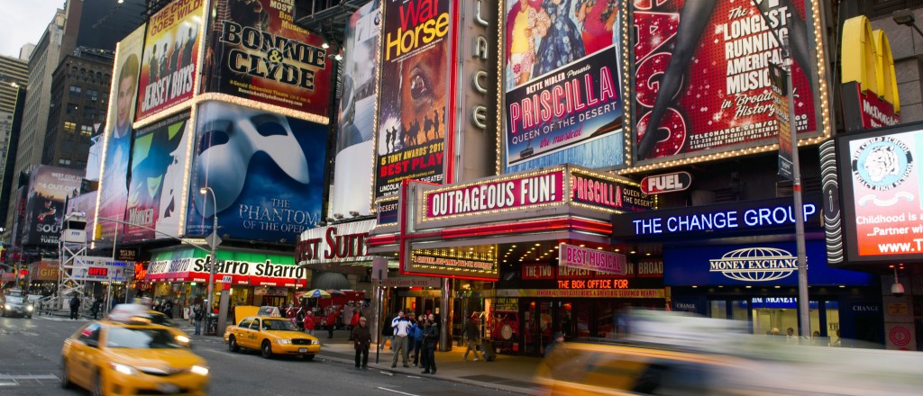 Billboards advertising Broadway shows in Times Square, in New York