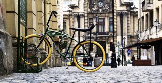 A Pegas bike in a bike rack in Bucharest