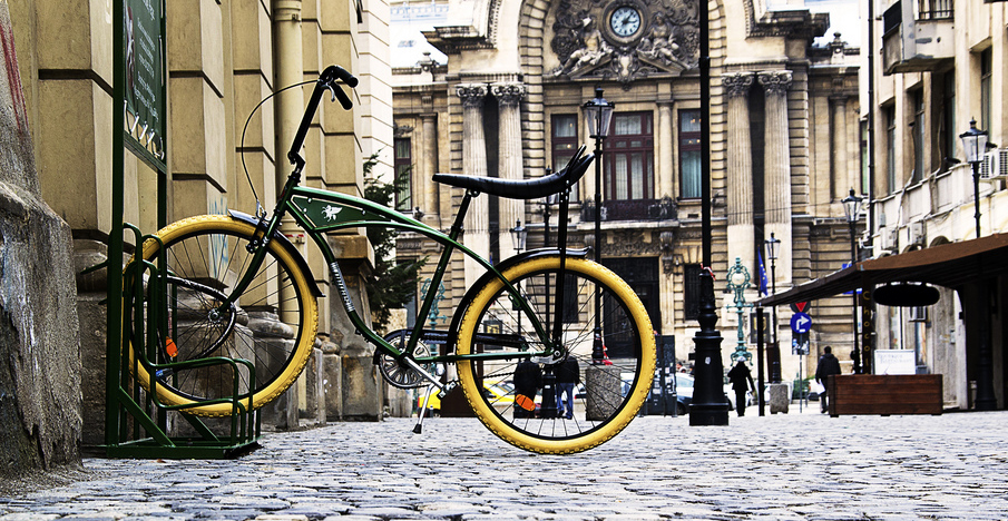 A Pegas bike in a bike rack in Bucharest