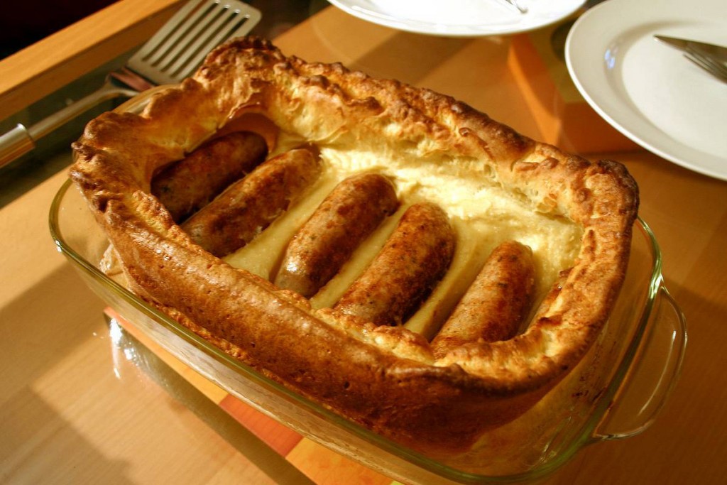 A Toad in the hole on a dinner table