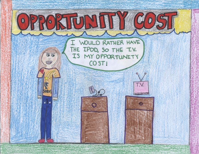 Drawing of opportunity cost in which a girl chooses between an ipod and TV