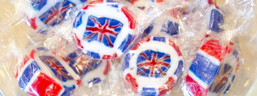 Union Jack themed sweets offered in a Brexit event in London.