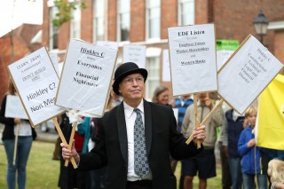 Protesters gather in Bridgwater, Somerset, as energy giant EDF is set to make its long-awaited final investment decision on the planned nuclear power station at Hinkley Point.