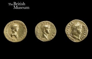 Nero's head shown on three Roman coins