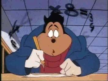 A cartoon character working out some sums