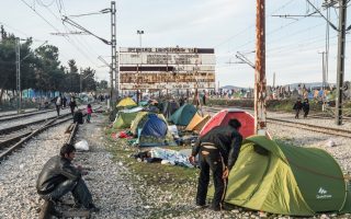 Migrants' tents pitched near the railway line in Idomeni