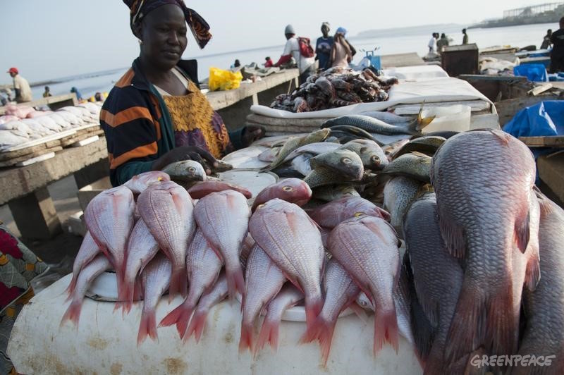 A woman at Soumbedioune fish market.