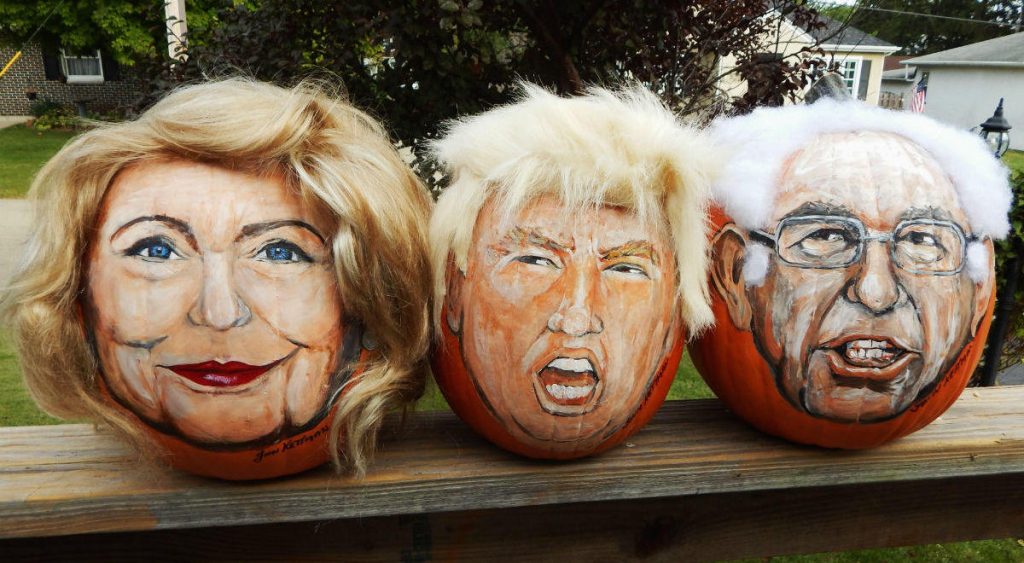 Pumpkins with the faces of Hillary Clinton, Donald Trump and Bernie Sanders