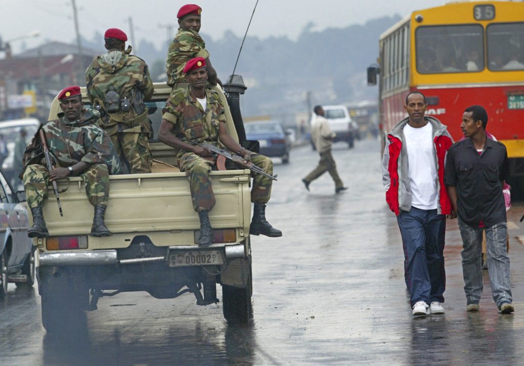 An army tank patrols an Ethiopian city during the state of emergency.