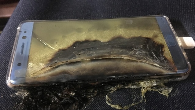 A damaged Samsung Galaxy 7 phone following its battery catching fire