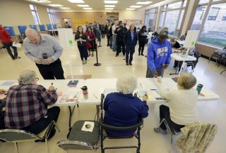 People wait in line to vote