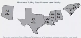 Map of number of polling places closed in southern states