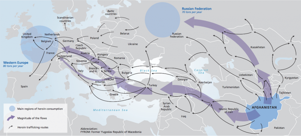 Map showing route opium takes from Afghanistan to Europe