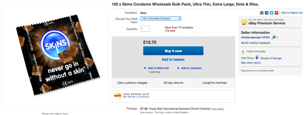 Screen shot of Ebay page for 100 condoms