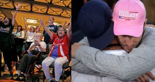 Trump supporters celebrate and Clinton supporters console each other.